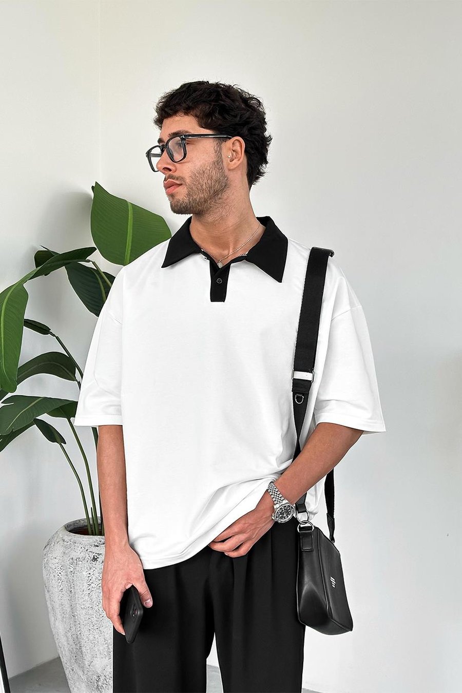 Beyaz Basic Polo Yaka OUTPLENTY PREMİUM Oversize Tişört
