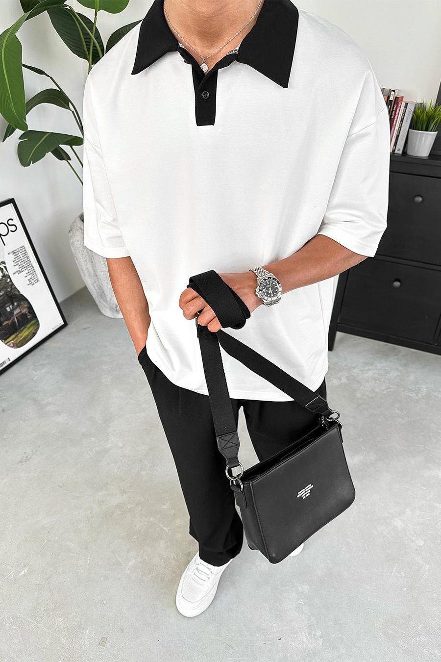 Beyaz Basic Polo Yaka OUTPLENTY PREMİUM Oversize Tişört