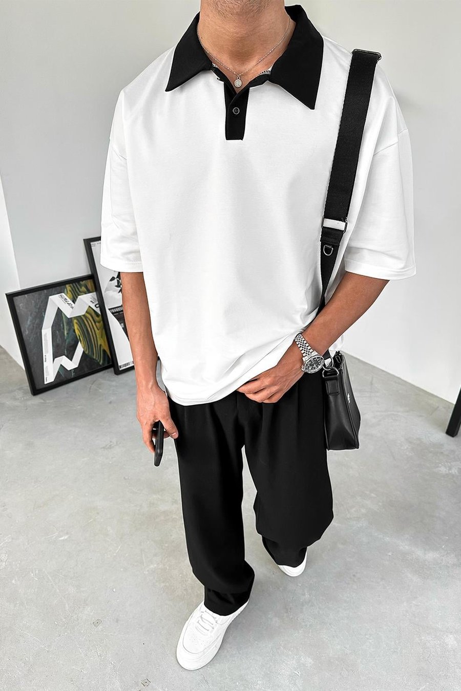 Beyaz Basic Polo Yaka OUTPLENTY PREMİUM Oversize Tişört