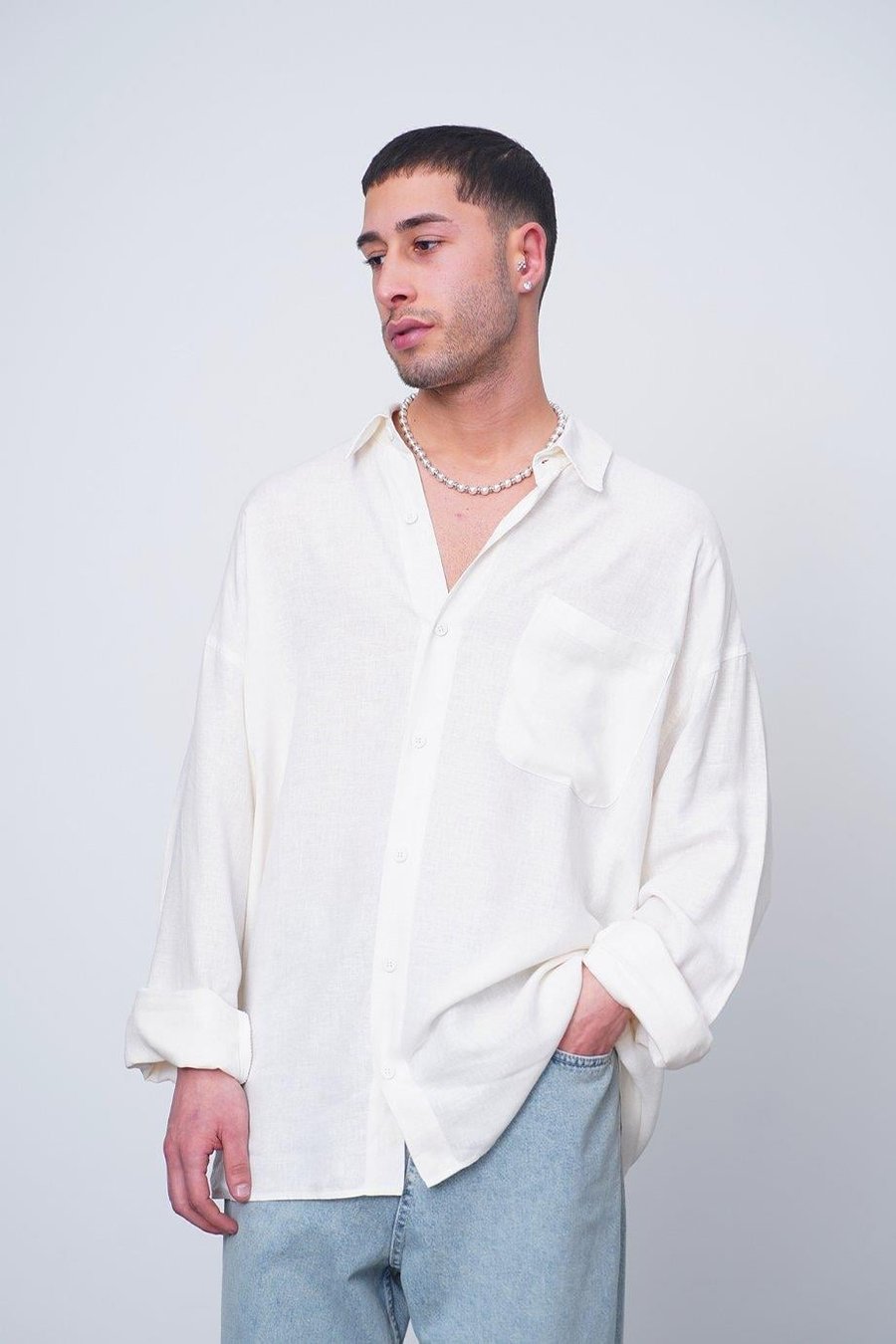 BEYAZ Basic Uzun Kollu 1A CH Oversize Gömlek