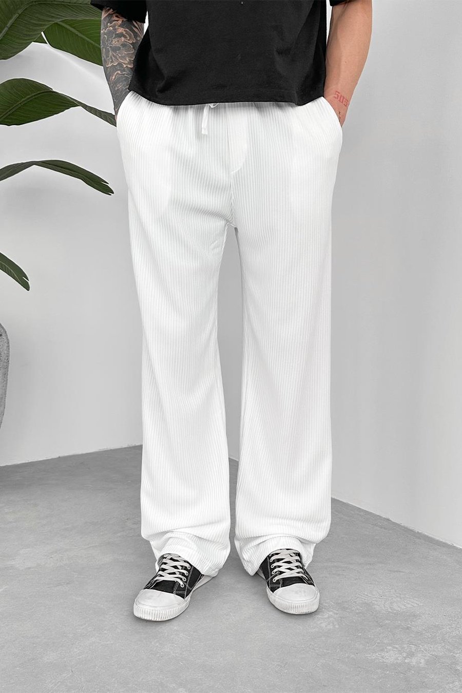 Beyaz Beli Lastikli Fitilli Baggy Pantolon