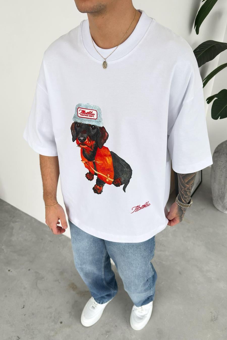 Beyaz Cap Dog Baskılı Premium Oversize Tişört