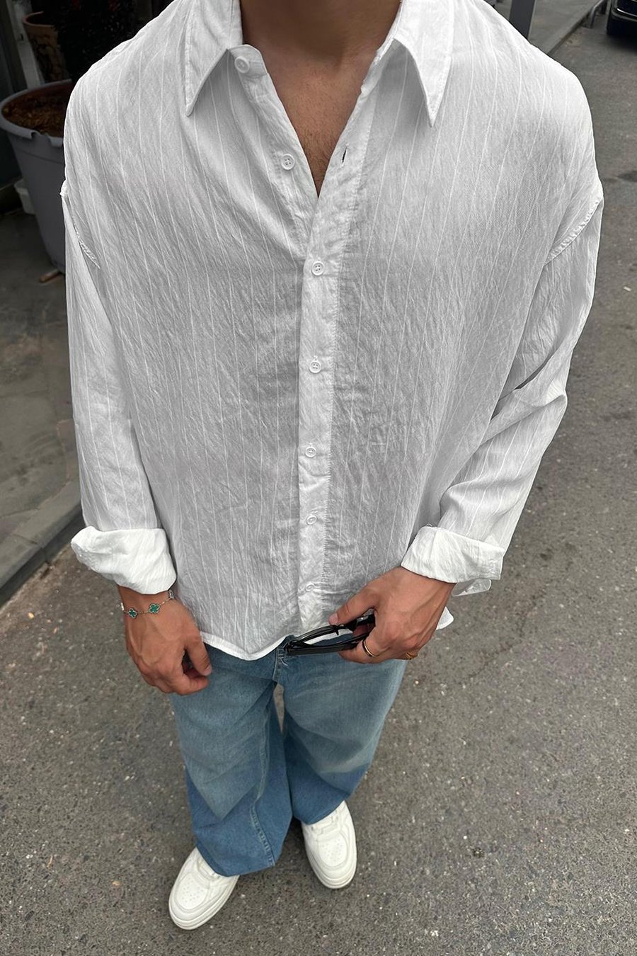 BEYAZ Çizgi Detaylı 3N GO Oversize Gömlek