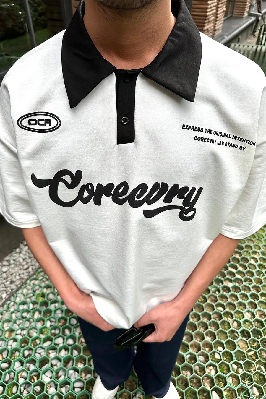 BEYAZ Coreev Polo Yaka OUTPLENTY PREMİUM Oversize Tişört
