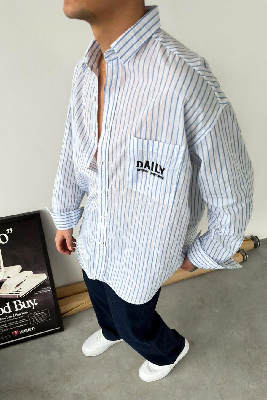 Beyaz Daily Nakışlı Çizgili Oversize Gömlek