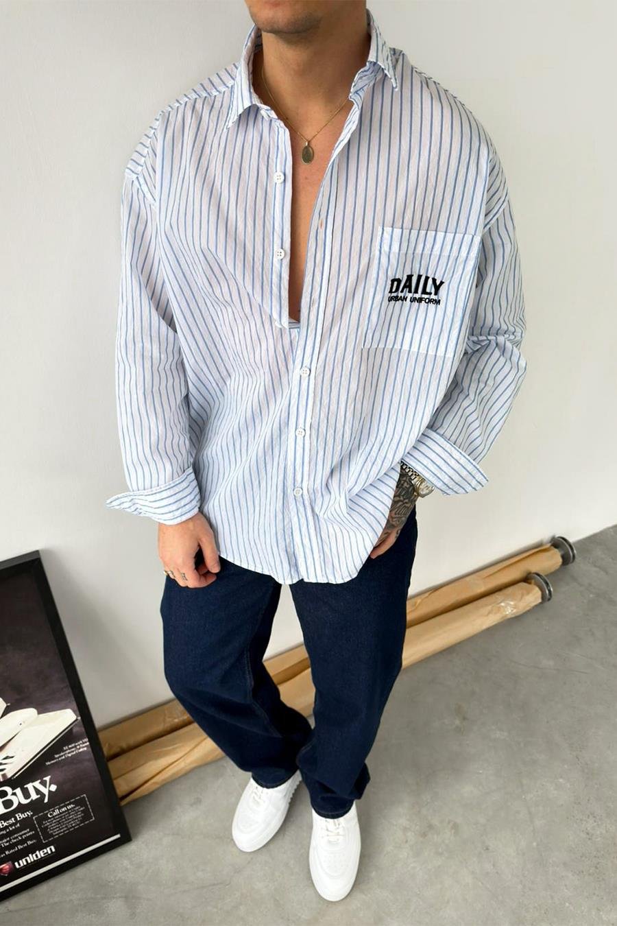 Beyaz Daily Nakışlı Çizgili Oversize Gömlek