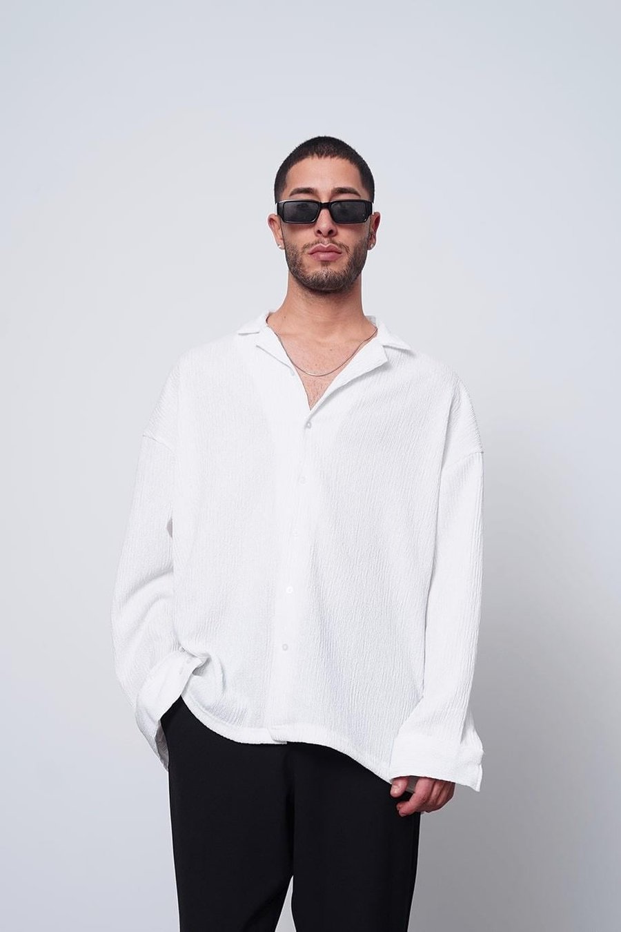 BEYAZ Fitilli Basic 25 MH Oversize Gömlek