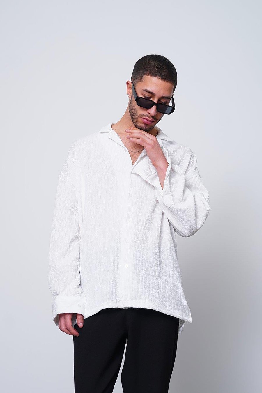 BEYAZ Fitilli Basic 25 MH Oversize Gömlek