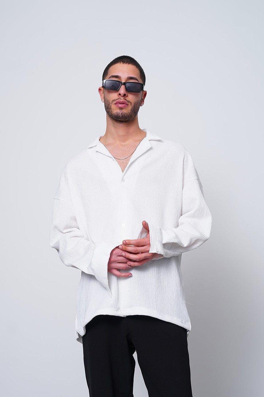 BEYAZ Fitilli Basic 25 MH Oversize Gömlek
