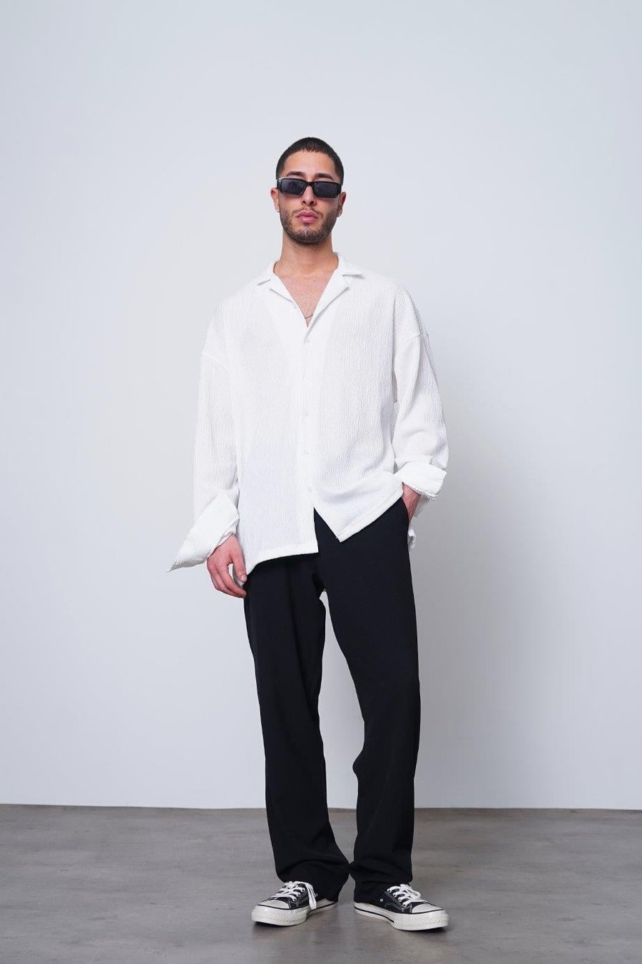 BEYAZ Fitilli Basic 25 MH Oversize Gömlek