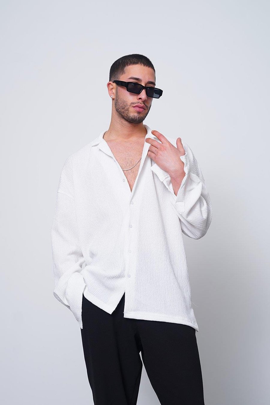 BEYAZ Fitilli Basic 25 MH Oversize Gömlek