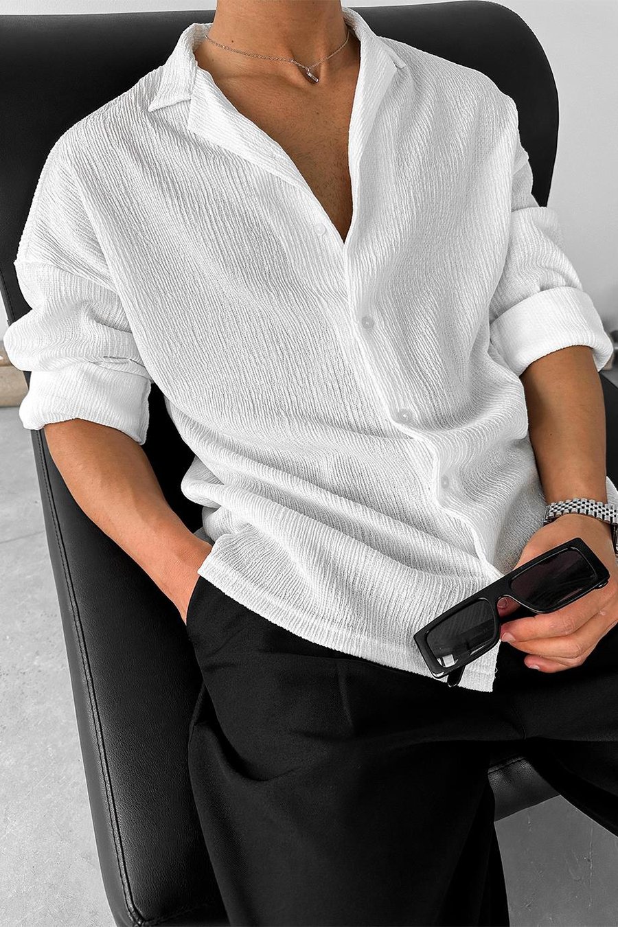 Beyaz Fitilli Basic Oversize Gömlek