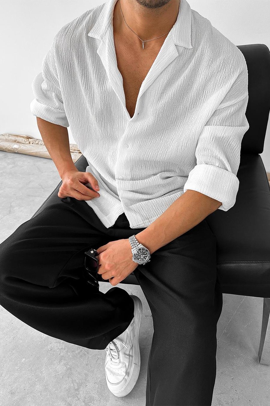 Beyaz Fitilli Basic Oversize Gömlek