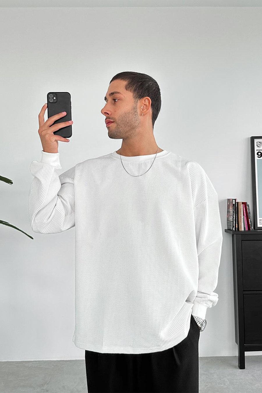 Beyaz Fitilli Kadife Basic Sweat
