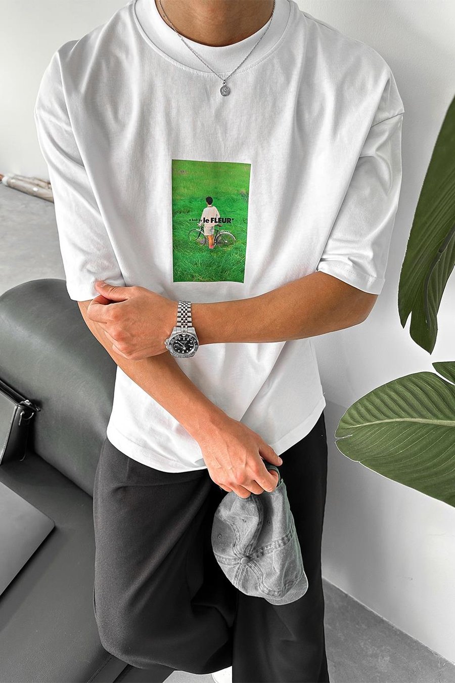 Beyaz Fleur Baskılı Oversize Tişört
