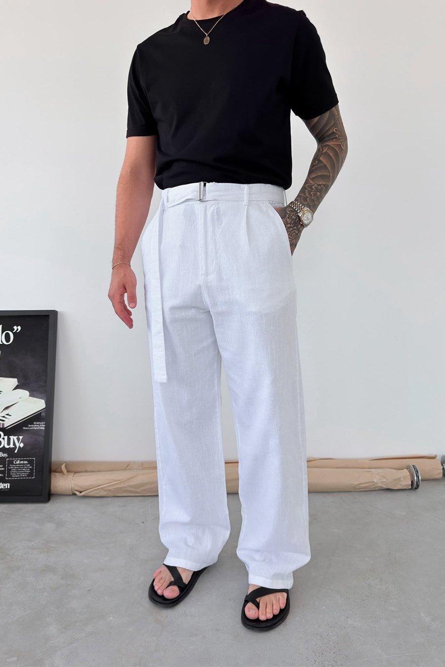 Beyaz Kemer Detaylı Baggy Keten Pantolon