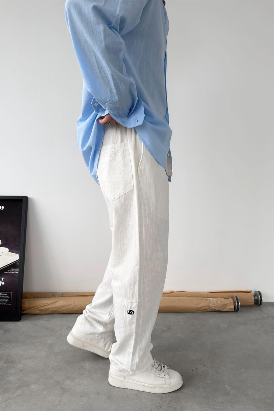 Beyaz Nakışlı Baggy Keten Pantolon