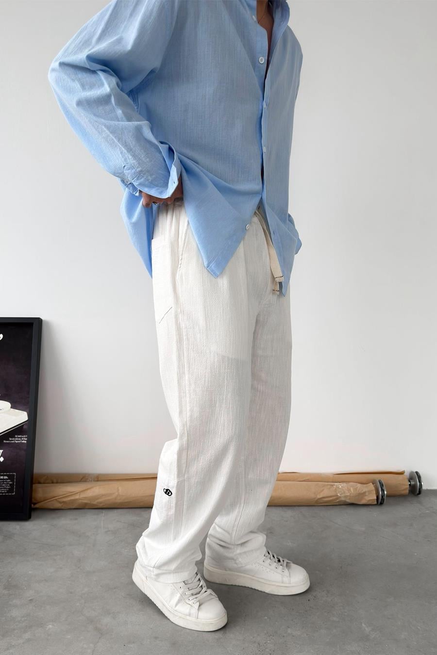 Beyaz Nakışlı Baggy Keten Pantolon