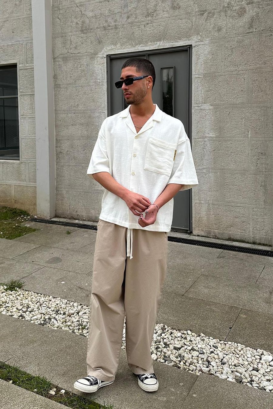BEYAZ Ön Cepli 050 MH Oversize Keten Gömlek