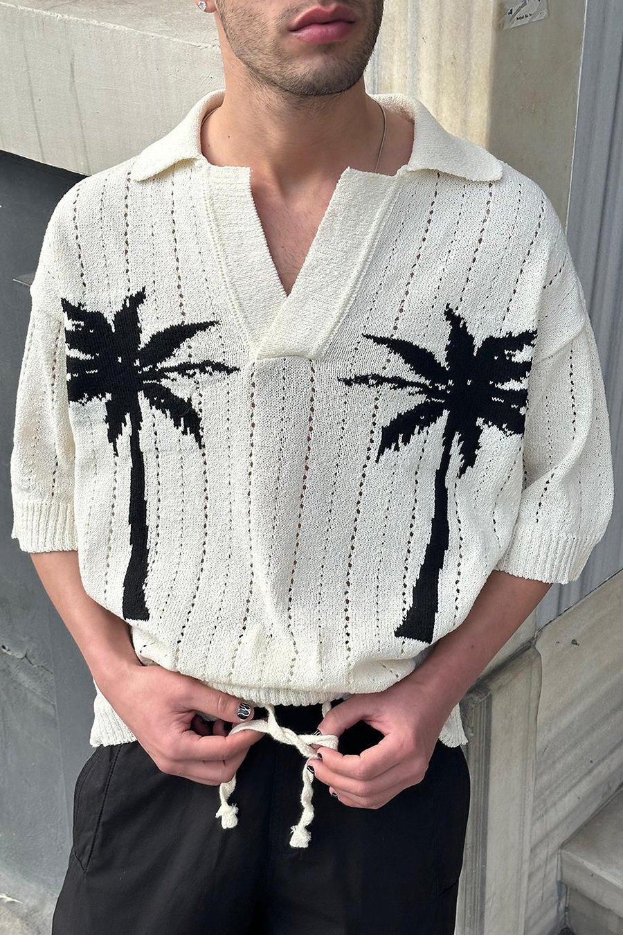 BEYAZ Palmiye Örme Triko GO Polo Yaka Oversize Tişört