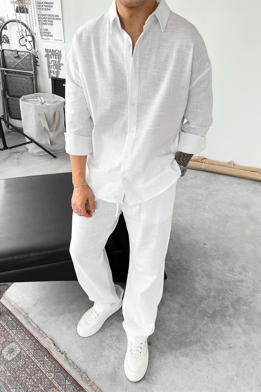 Beyaz Premium Keten Basic Oversize Gömlek