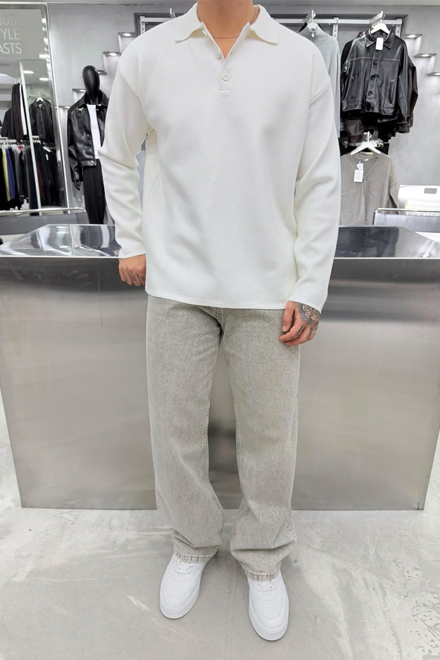 Beyaz Soft Premium Oversize Triko Polo Yaka Kazak