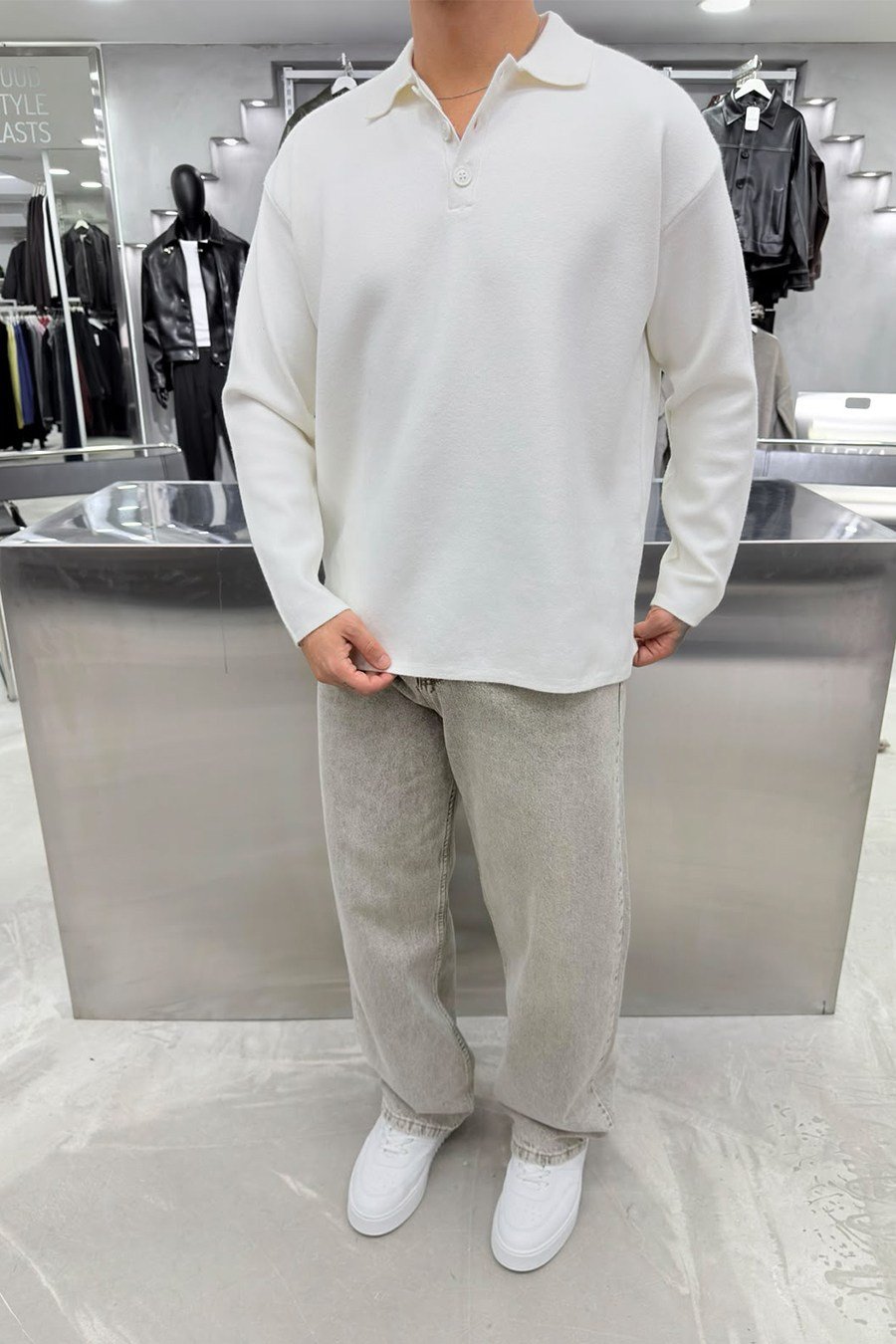 Beyaz Soft Premium Oversize Triko Polo Yaka Kazak