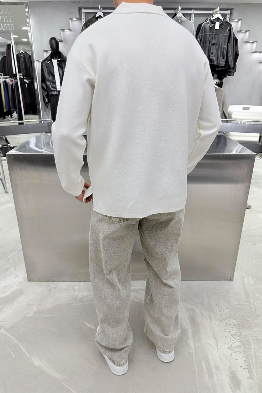 Beyaz Soft Premium Oversize Triko Polo Yaka Kazak
