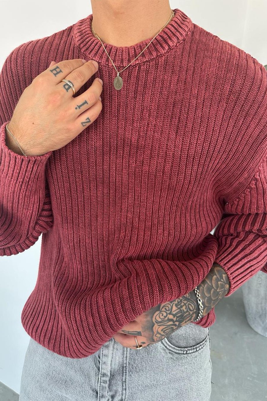 Bordo Acid Wash Fitilli Oversize Triko Kazak
