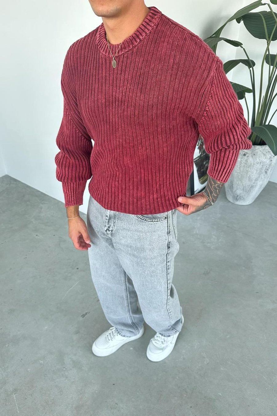Bordo Acid Wash Fitilli Oversize Triko Kazak