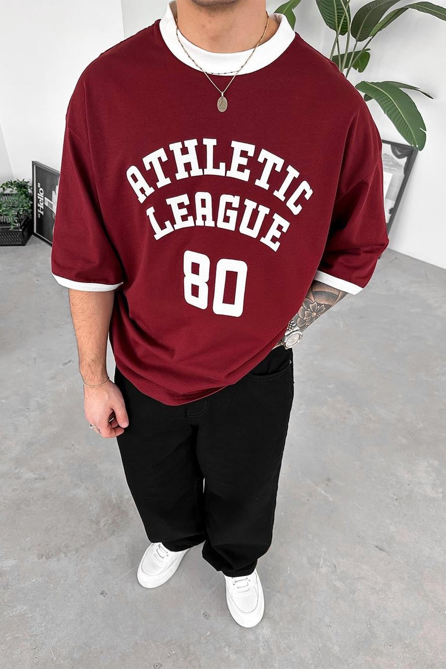 Bordo Atletic 80 Baskılı Oversize Tişört