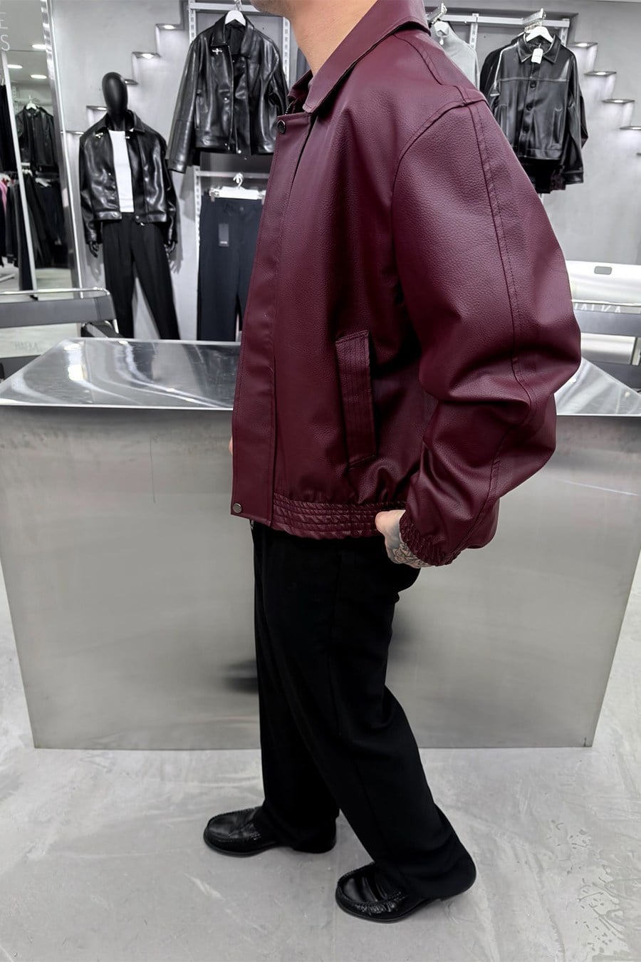 Bordo Basic Boxy Kalıp Deri Ceket