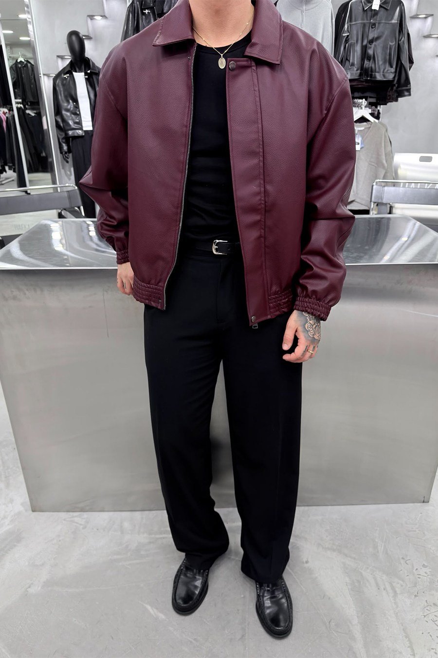Bordo Basic Boxy Kalıp Deri Ceket
