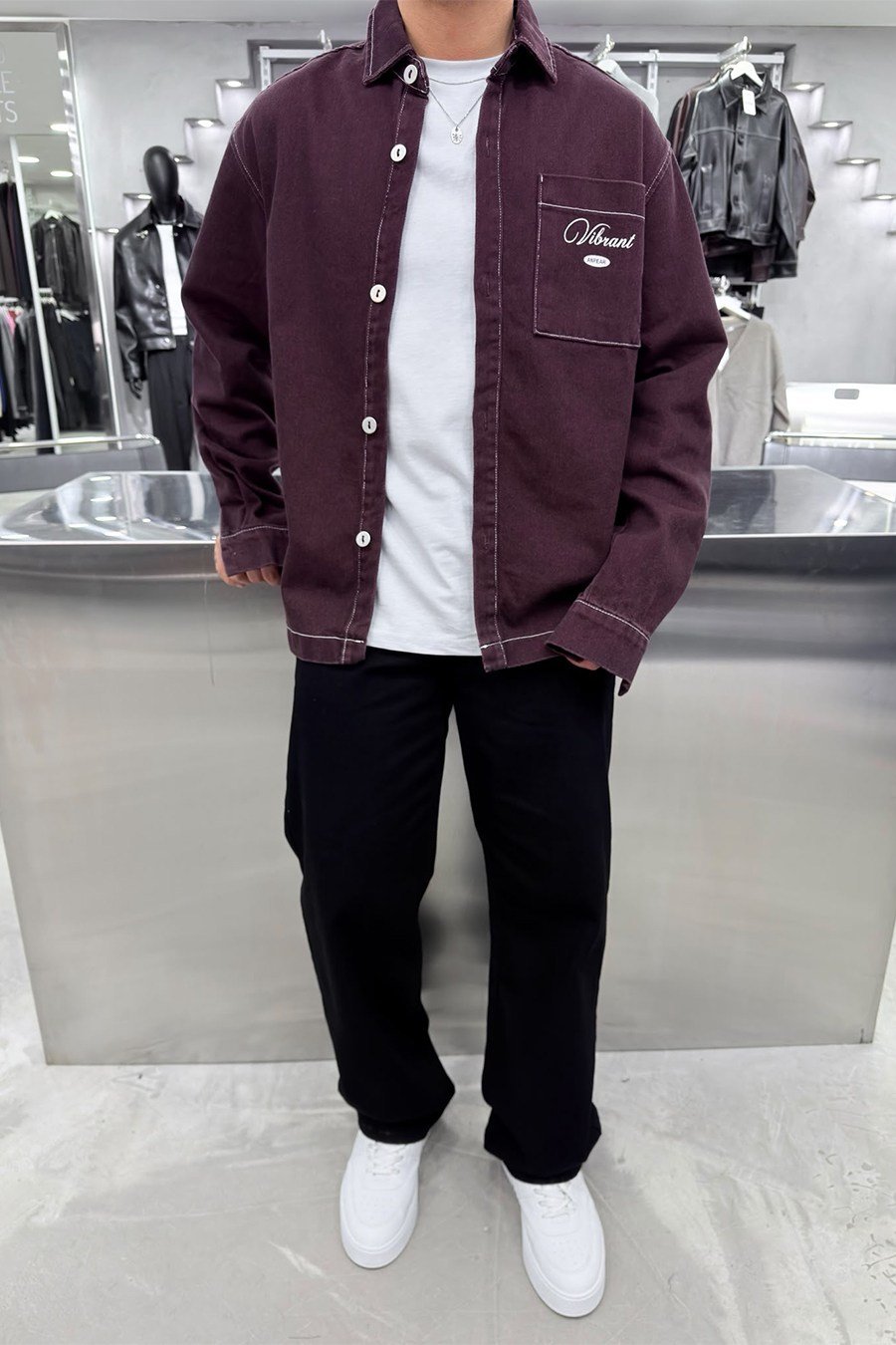 Bordo Baskılı Oversize Kot Gömlek