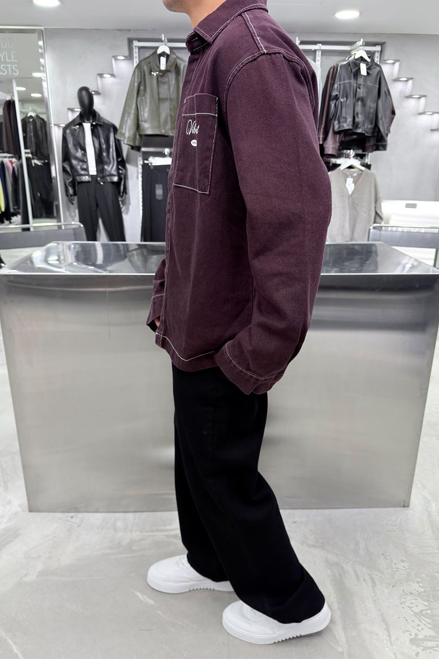 Bordo Baskılı Oversize Kot Gömlek