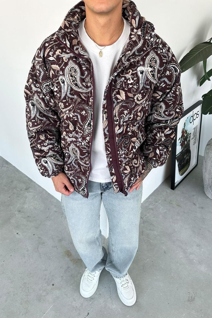 Bordo Desenli Kadife Şişme Mont