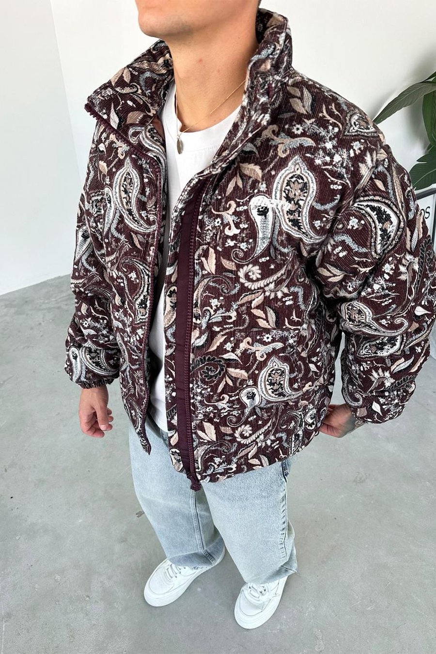Bordo Desenli Kadife Şişme Mont