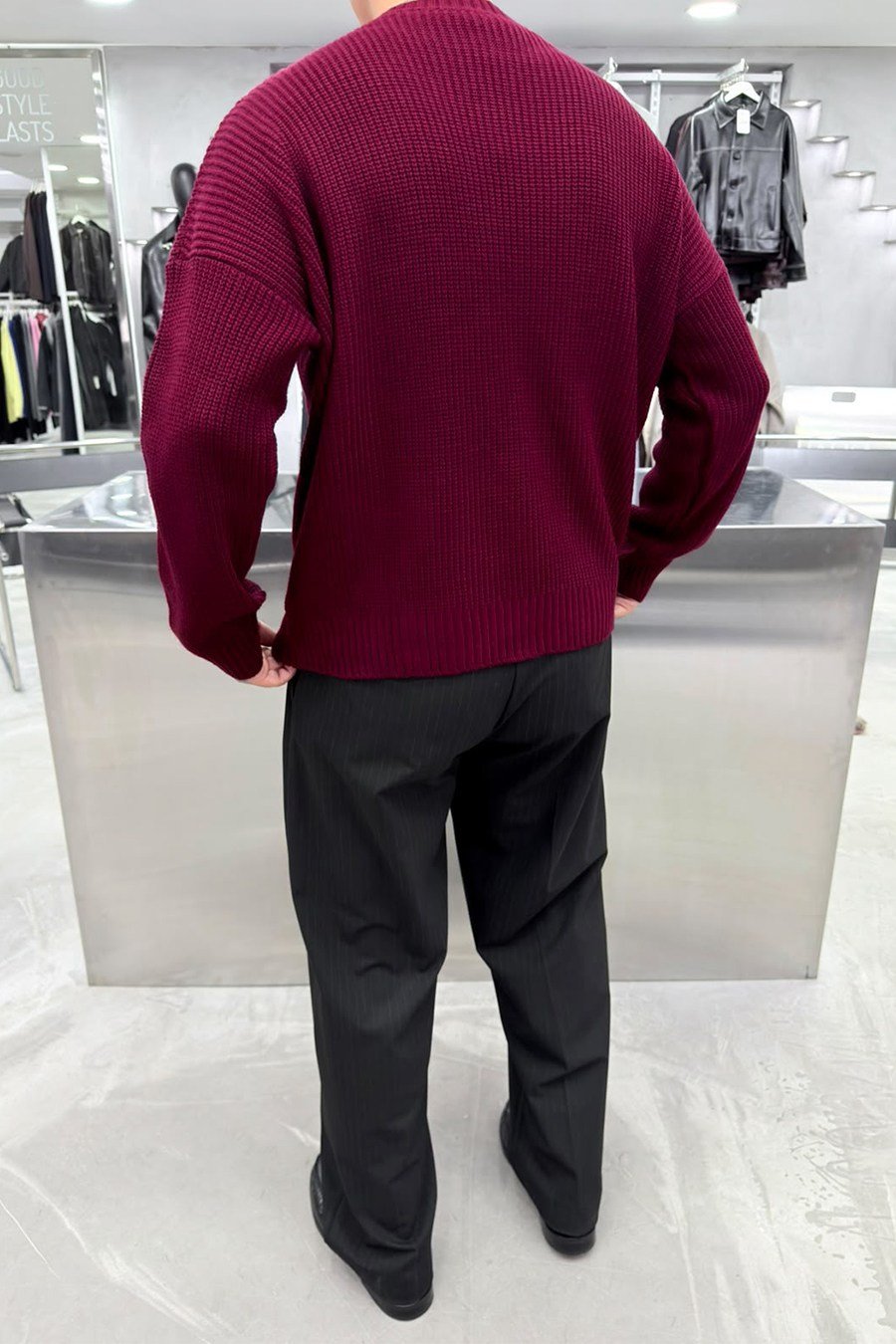 Bordo Fitilli Basic Boxy Kalıp Triko Kazak