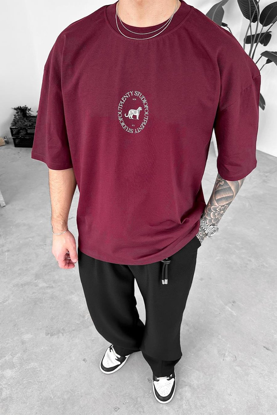 Bordo Minimal Tiger Baskılı Oversize Tişört