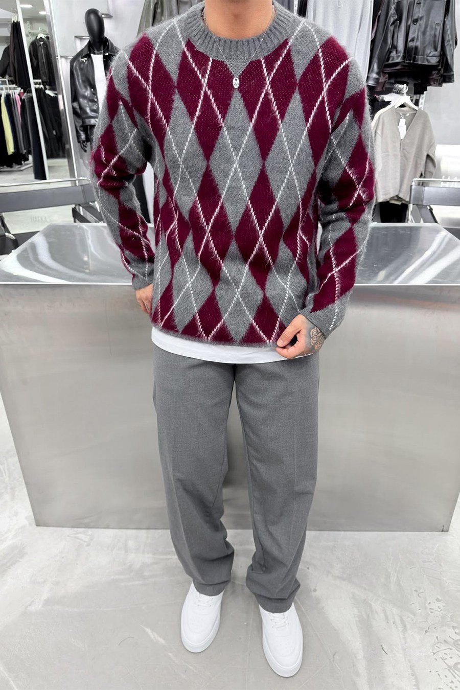 Bordo Retro Soft Line Baklava Desenli Kazak