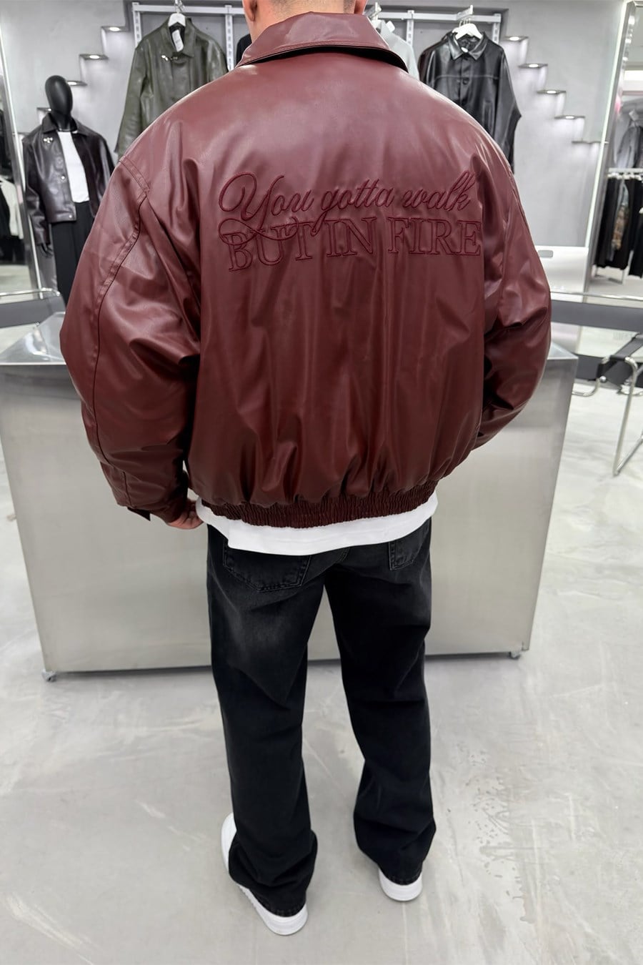 Bordo The Fire Nakışlı Bomber Deri Mont