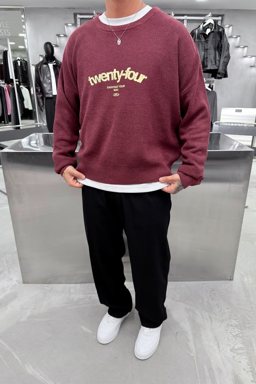 Bordo Twenty Four Baskılı Boxy Fit Kazak