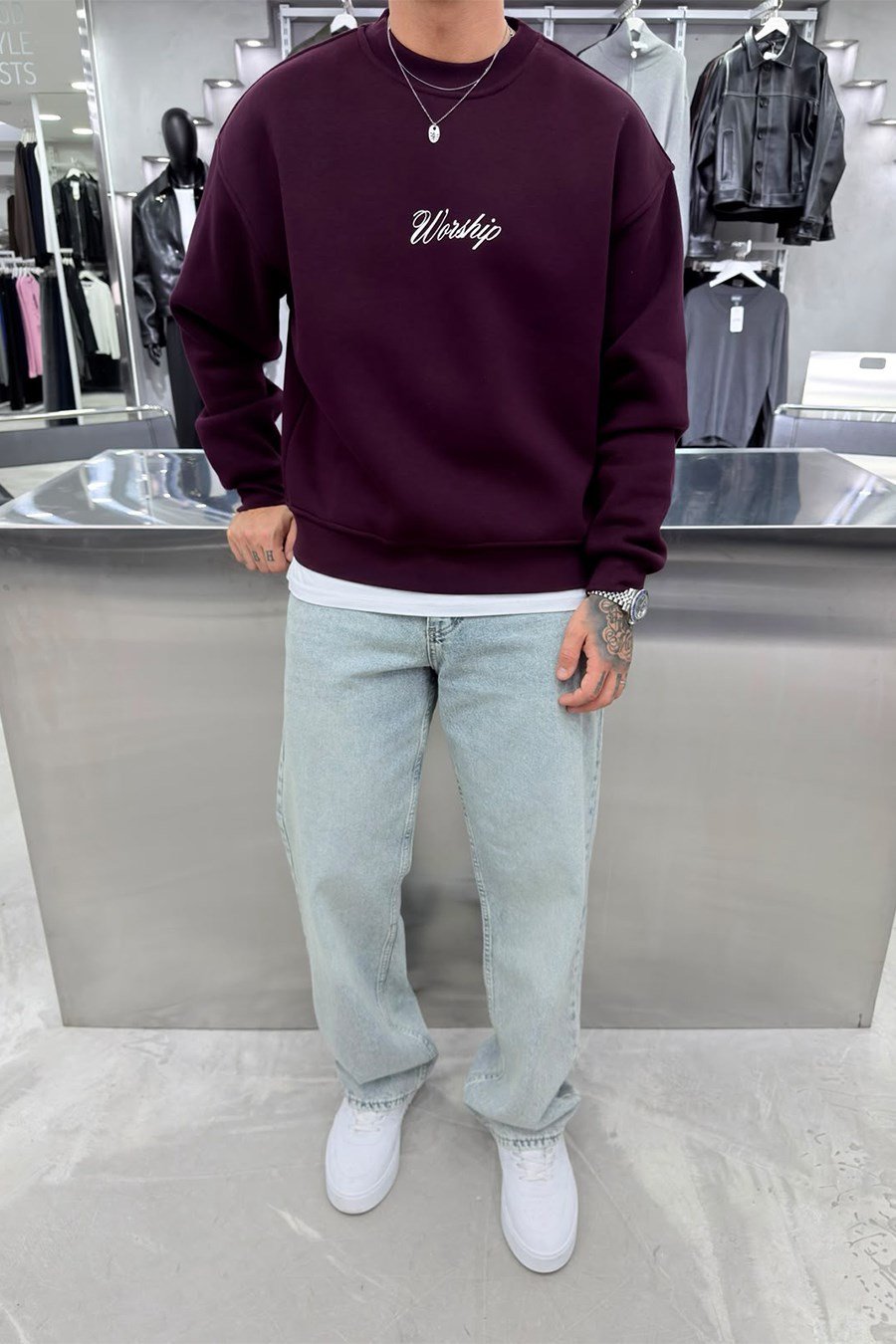 Bordo Workship Baskılı Boxy Fit Sweatshirt