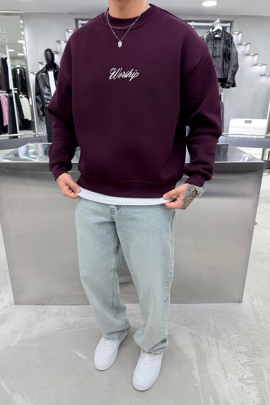 Bordo Workship Baskılı Boxy Fit Sweatshirt