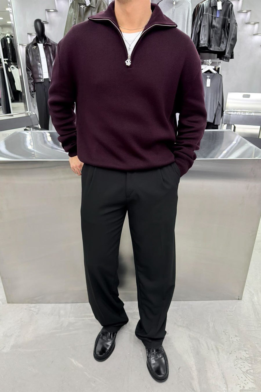 Bordo Yarım Fermuarlı Premium Boğazlı Triko Kazak
