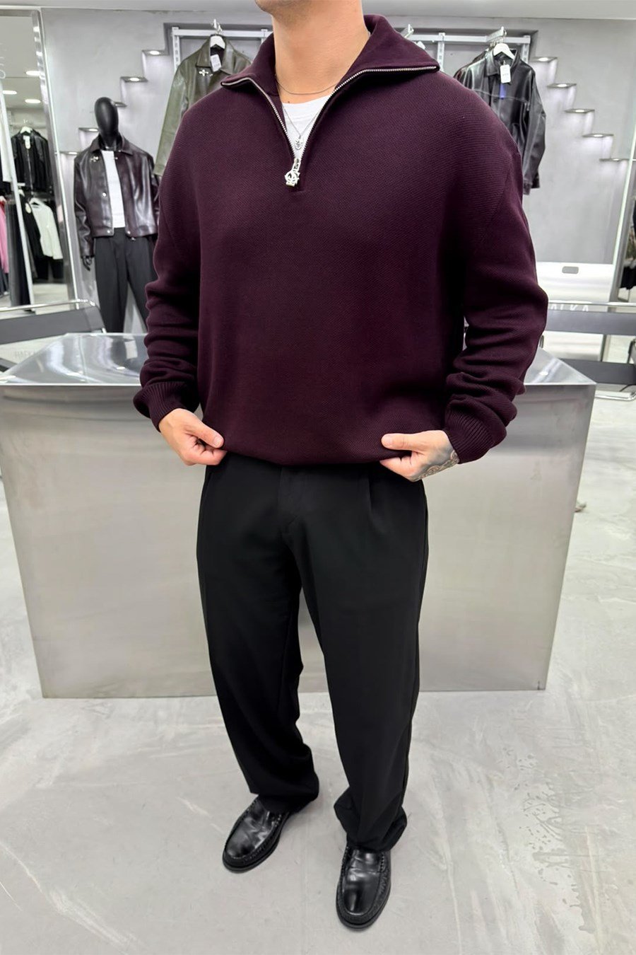 Bordo Yarım Fermuarlı Premium Boğazlı Triko Kazak