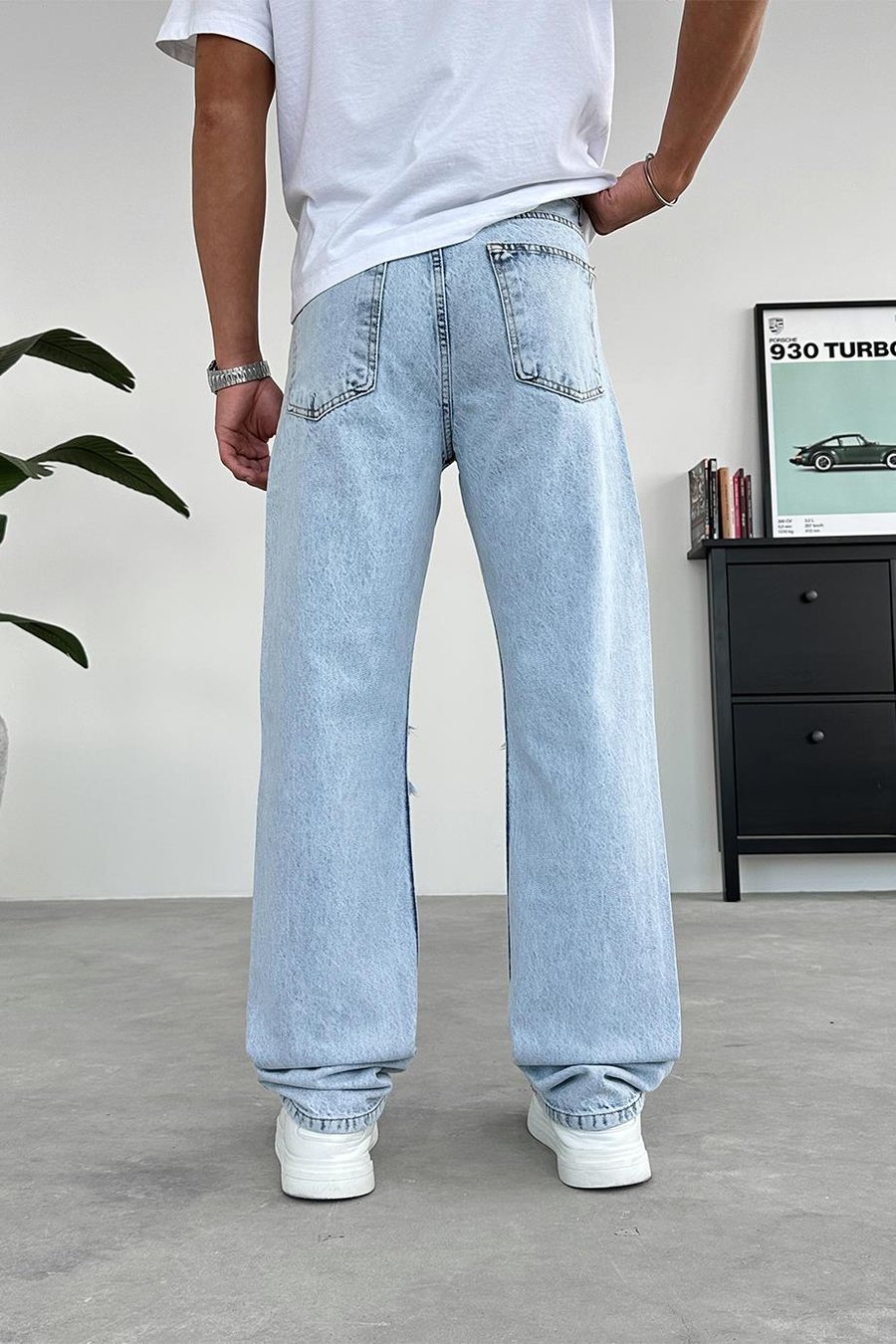 Buz Mavi Dizi Yırtık Baggy Pantolon