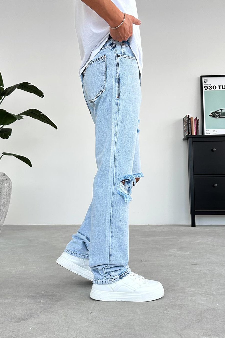 Buz Mavi Dizi Yırtık Baggy Pantolon
