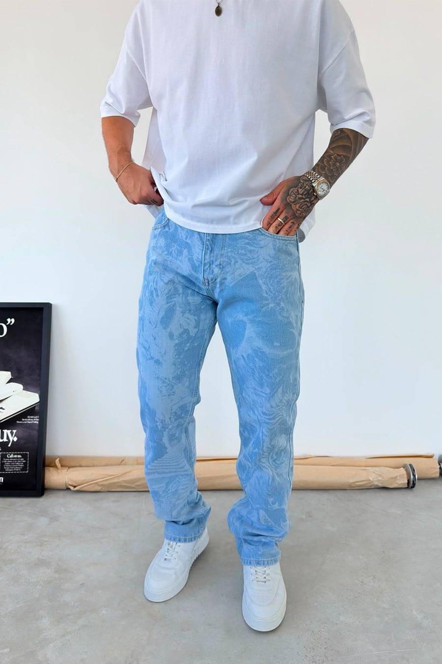Buz Mavi Premium Baskılı Baggy Pantolon