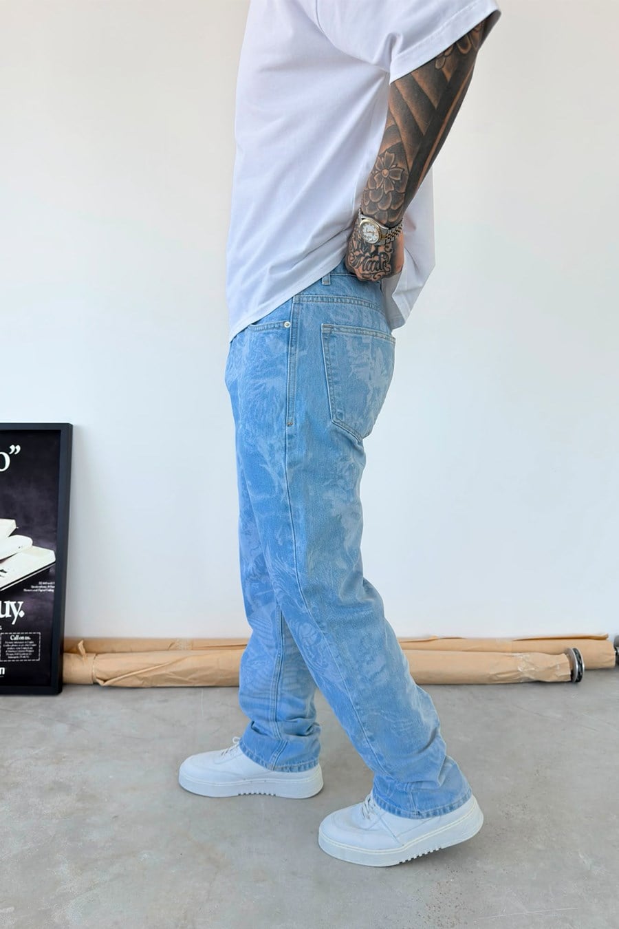Buz Mavi Premium Baskılı Baggy Pantolon